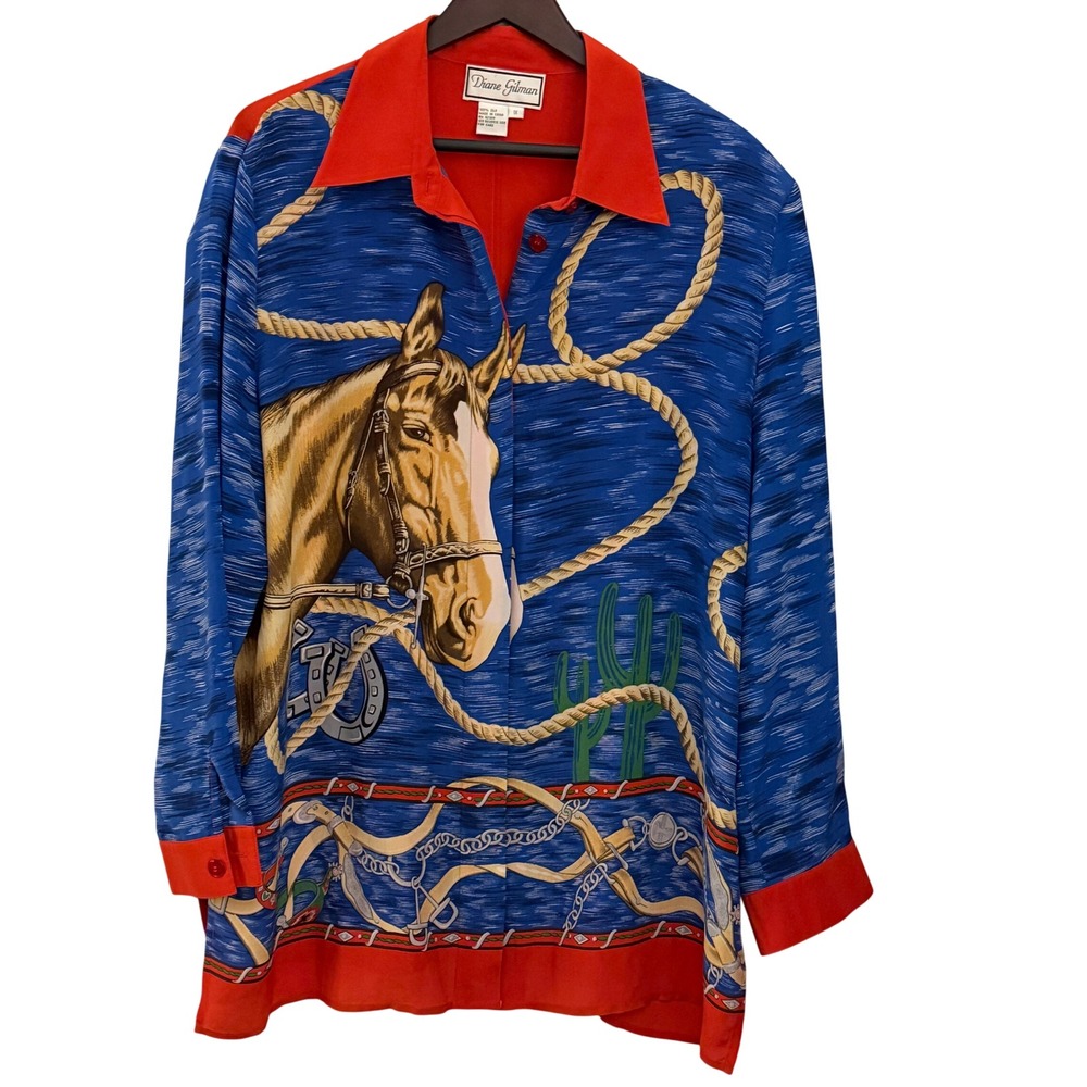 Diane Gilman Silk Western Horse Print Blouse Womens 1X Blue Red Good Equestrian